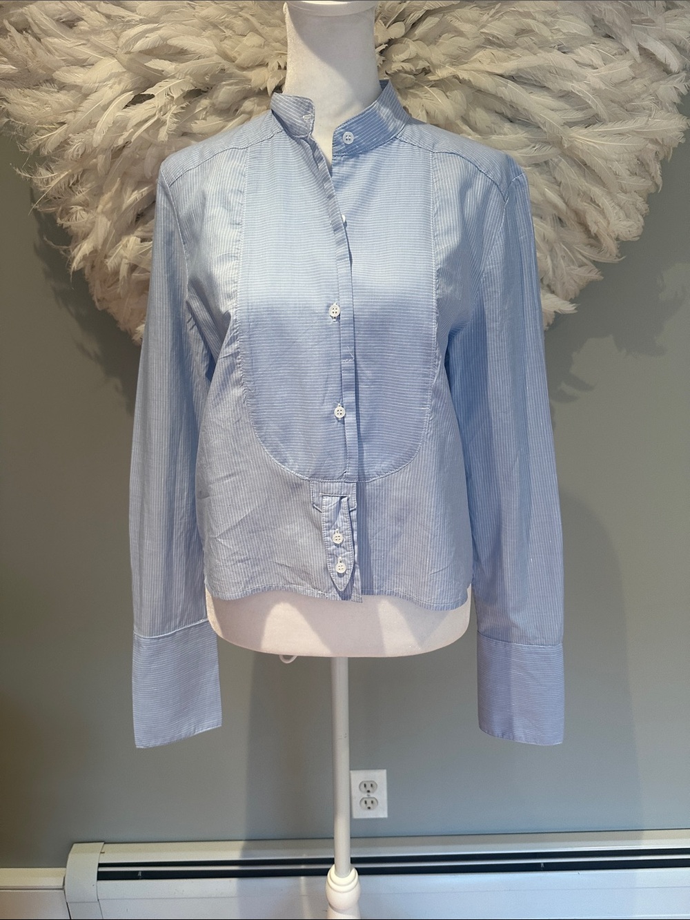 TWP Light Blue Pinstripe Band-Collar Women's Shirt